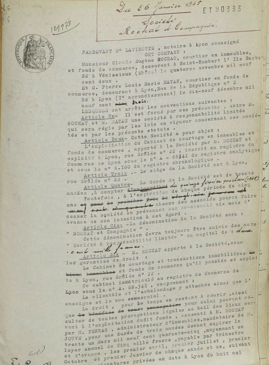 Acte notarié de constitution de la société Rochat & Compagnie, daté du 26 janvier 1945