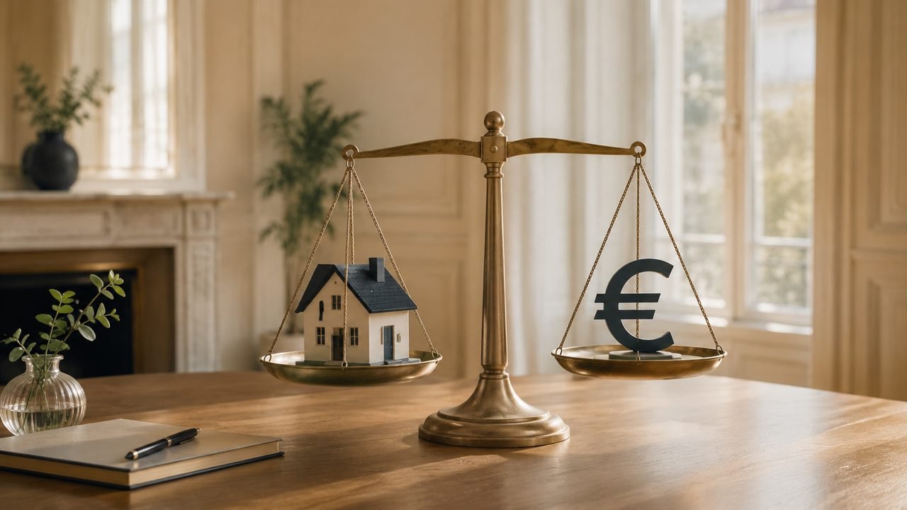 Balance mettant en équilibre une maison et des euros, l’image du calcul de rentabilité d’un viager