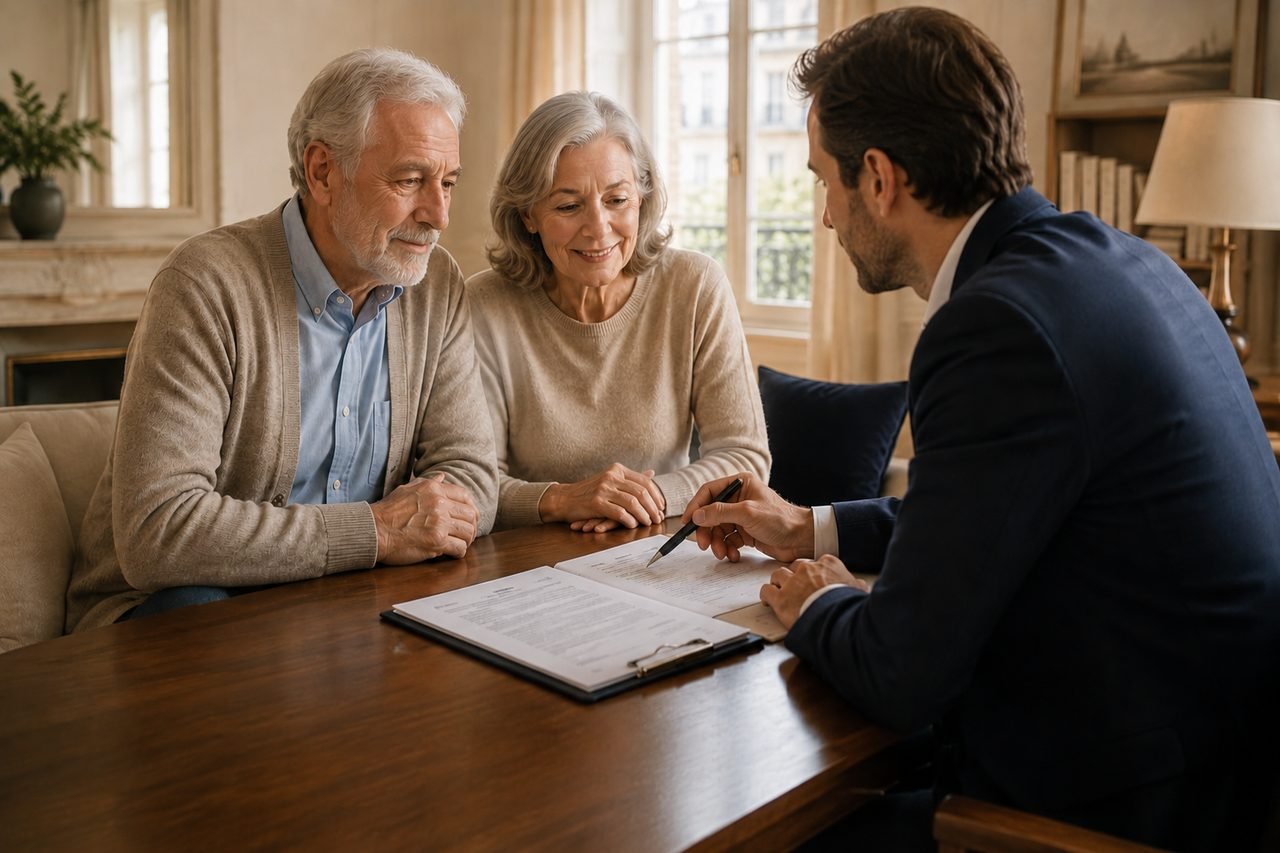 Un conseiller explique le viager à un couple de seniors, loin des idées reçues