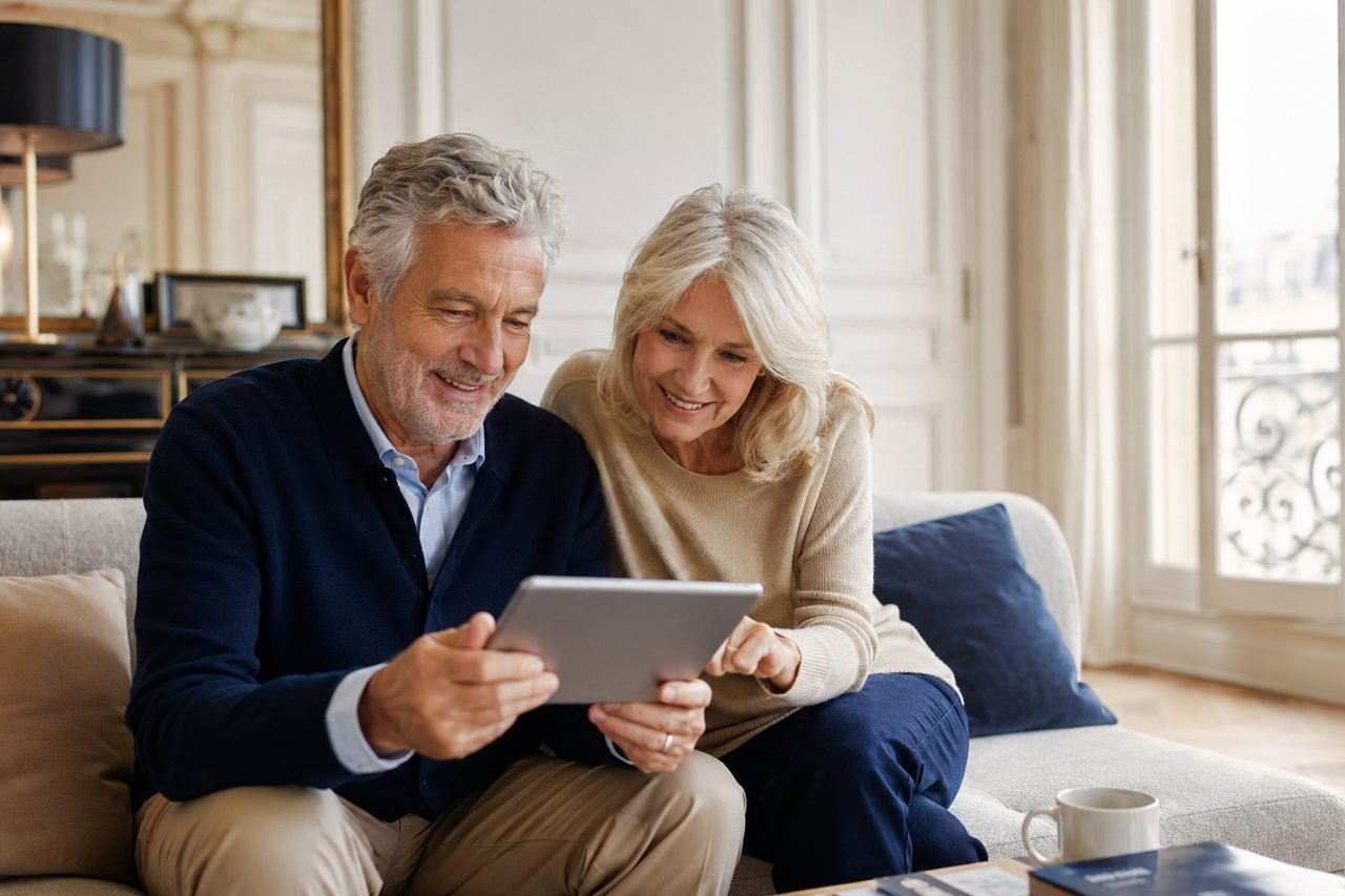 Couple de seniors installé dans son canapé comparant des options sur une tablette, le choix du lieu de vie