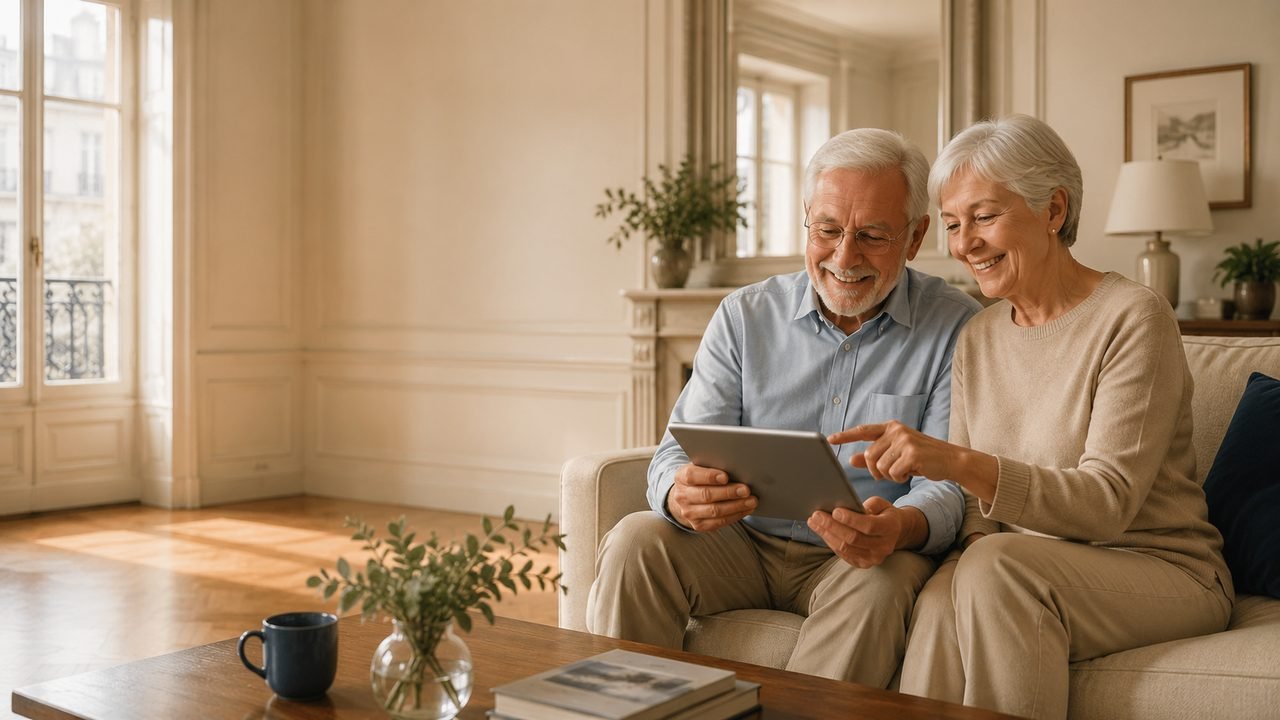 Couple de seniors dans son salon, préparer l'aménagement de son logement pour bien vieillir