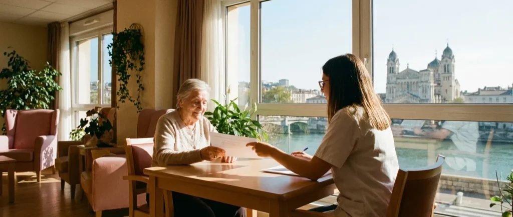 Personne âgée sereine chez elle, viager occupé et entrée en maison de retraite