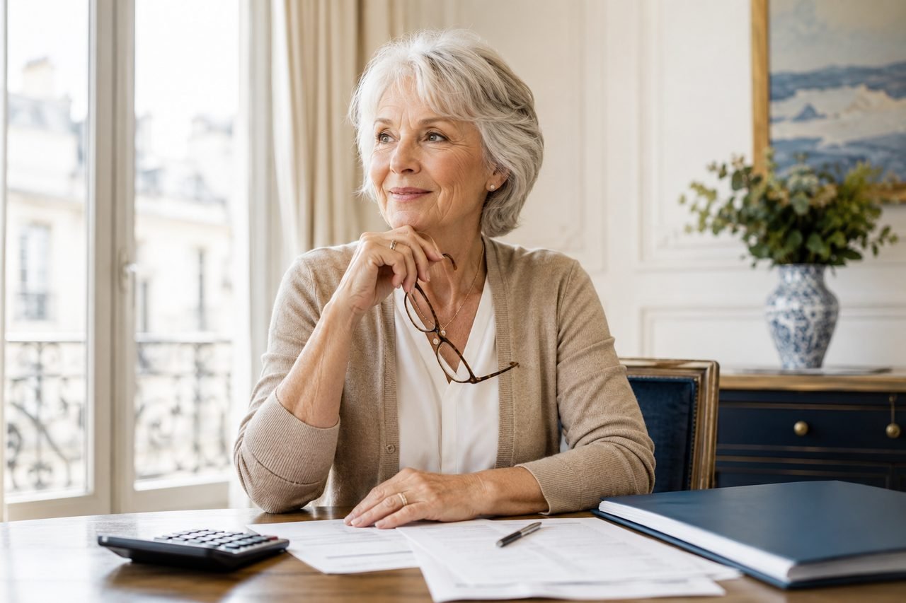 Dame senior relisant attentivement un contrat à son bureau, la préparation du compromis de vente en viager