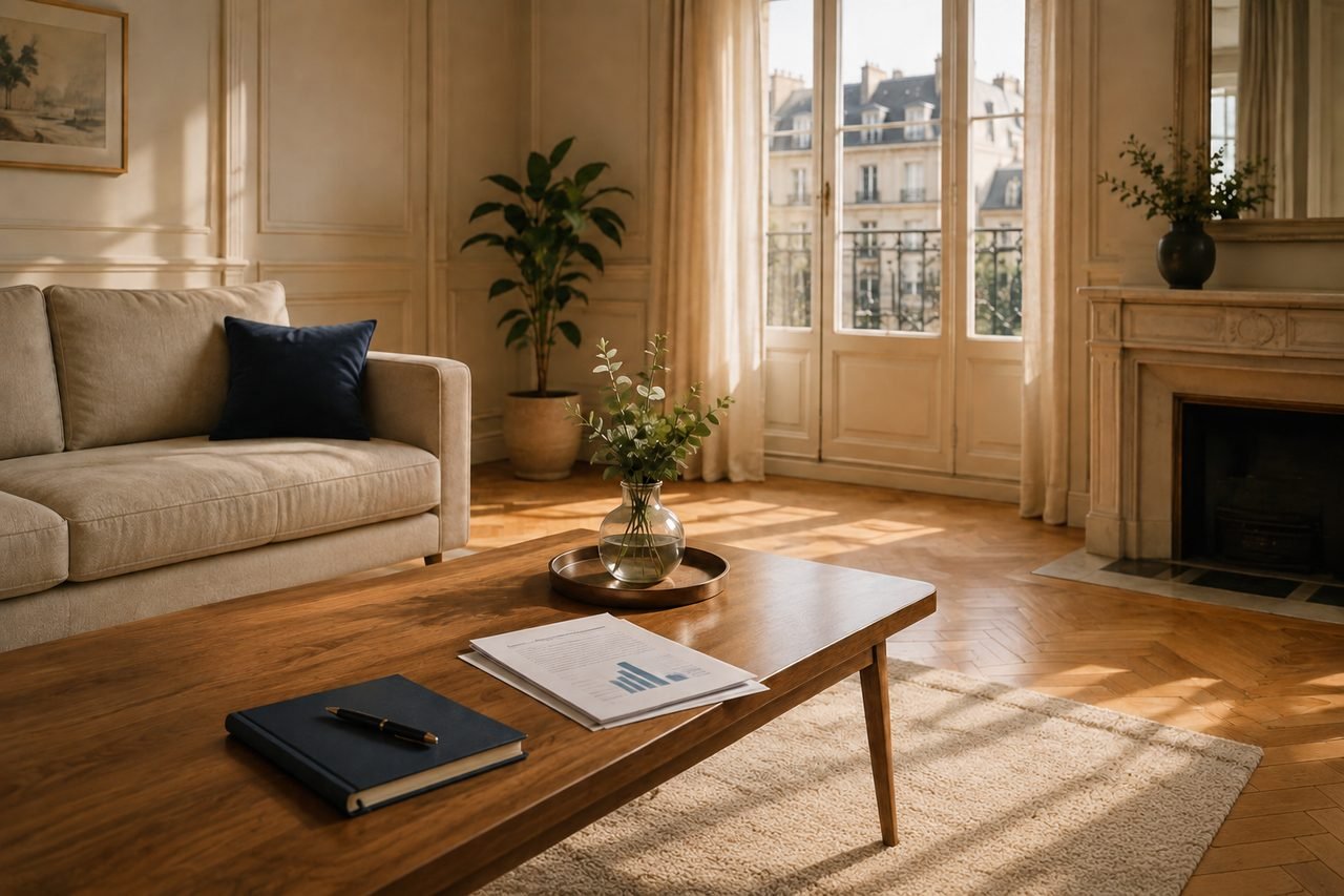 Salon d'un appartement ancien en copropriété, parquet et moulures, vendu en viager