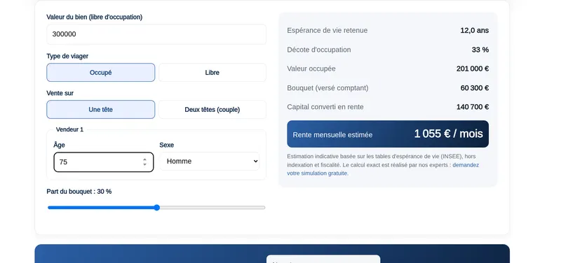 Simulateur calcul viager 2026 : bouquet et rente | Rochat