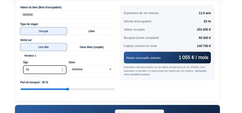 Le simulateur de calcul viager Rochat : valeur du bien, âge du vendeur, bouquet et rente mensuelle estimée